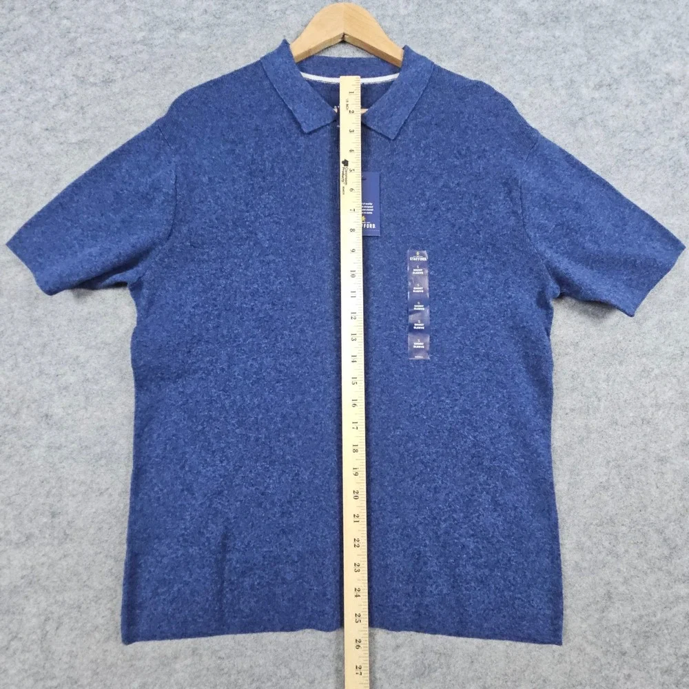 NEW Stafford Men's Navy Heather Textured Blue Polo Shirt Linen/Cotton Size S NWT
